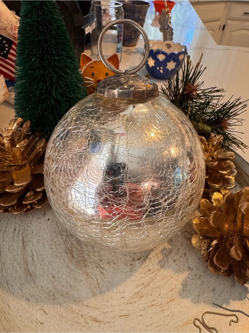 🎄Set of 2 Kugel Style Heavy Blown Crackle Glass Ornaments Gold & Silver Lot